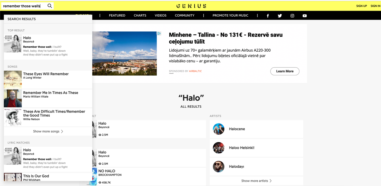 Risultati di ricerca testuali parziali con Genius