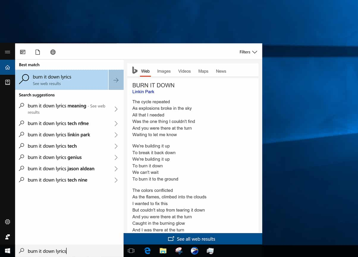 Trova una canzone con risultati di ricerca parziali dei testi su Cortana