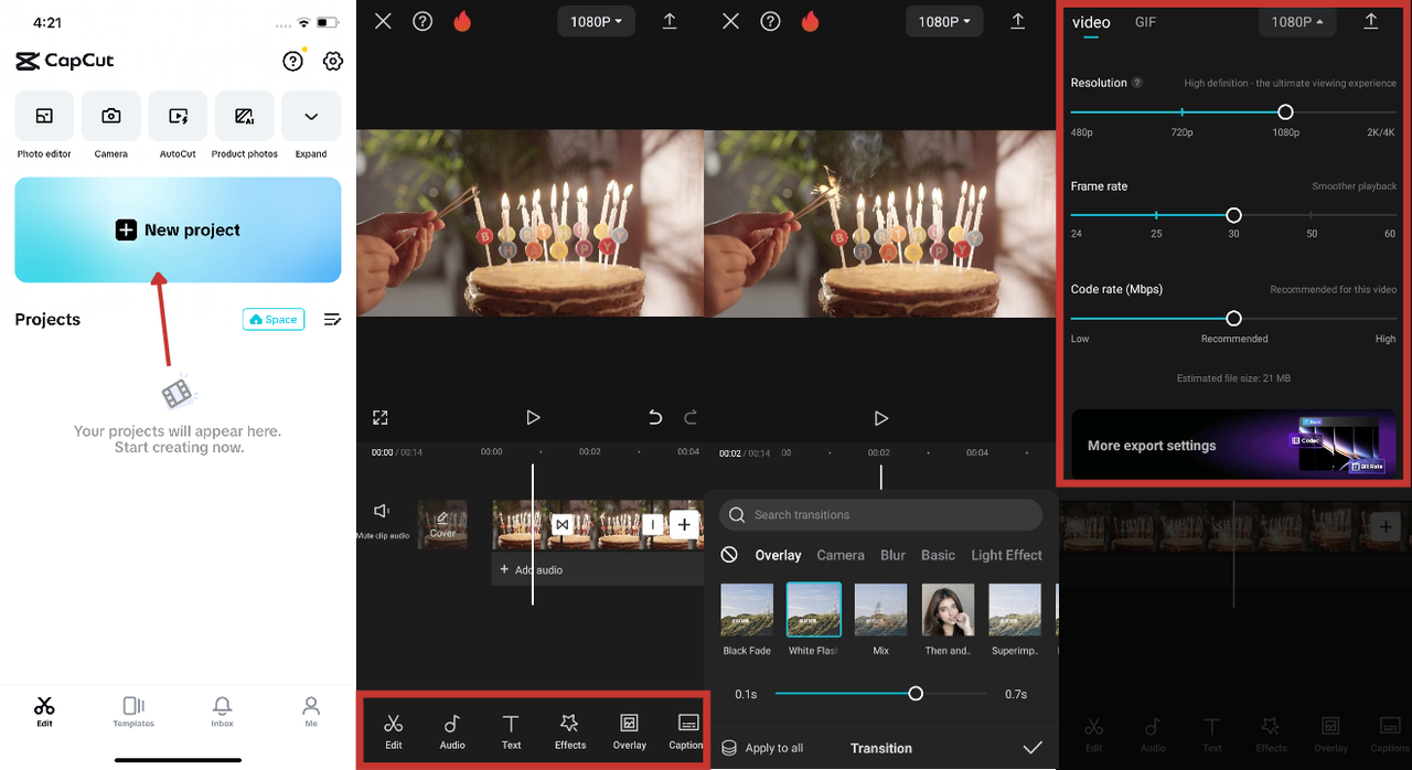 Antara muka penyuntingan video CapCut dengan contoh video hari jadi